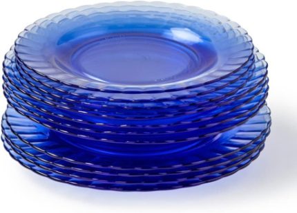 Duralex® - Service de 12 Assiettes Ondulées Le Picardie® - Plate 23cm, Creuse 23cm, Dessert 20,5cm - Verre Bleu Marine Ultra Résistant aux Rayures,Compatible Micro-ondes,Lave-Vaisselle,Made in France