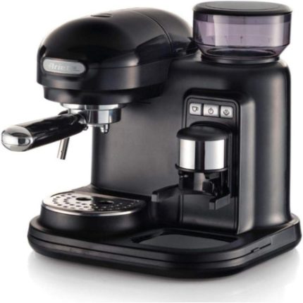 Ariete 1318 Machine à expresso moderne avec moulin à café intégré, Pour grains de café et poudre, Mousseur à lait, Filtre 1 et 2 tasses, 1080 W, 800 centimètres cubes, Noir