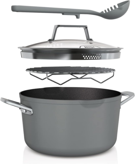 Ninja Foodi CW202GYUK PossiblePot 8 en 1 avec grille de cuisson à la vapeur, passoire, ustensiles, couvercle en verre, compatible induction, passe au four jusqu'à 260 °C, gris sel de mer