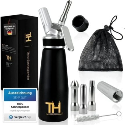 Thiru Siphon Chantilly avec 3 Douilles en Acier Inoxydable & Sac en Filet - Mousses et Crèmes - Siphon Cuisine 500ml (Noir)