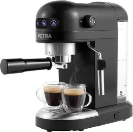 Petra PT5240 Machine à café espresso - 1.4L Avec Mousseur à Lait, Pour Espresso Simple Ou Double Façon Barista, Sans BPA, compacte, Pompe Italienne 15 Bars, Compatible Avec Du Café Moulu, 1465W, Noir